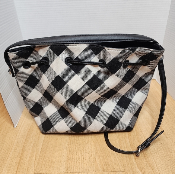 Talbots Crossbody Bucket bag leathe4 wool-blend black white checkered - Picture 12 of 15